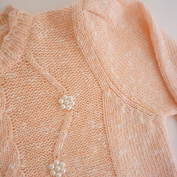 Vintage Spice Of Life Peach Knit w Beaded Pearls Cable Knit Sweater L - Picture 10 of 11